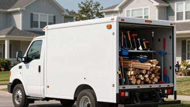 A professional, clean white service truck for property maintenance parked on a paved North American suburban street. The truck is neatly organized with tools and firewood in the back. Clear daylight, sharp focus, capturing a reliable and efficient atmosphere. The scene features Soft White and Slate Blue tones in the background architecture.