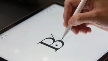 Close-up of a designer's hand using a stylus on a high-tech tablet, sketching a logo for a luxury brand, soft overhead lighting, professional setup.