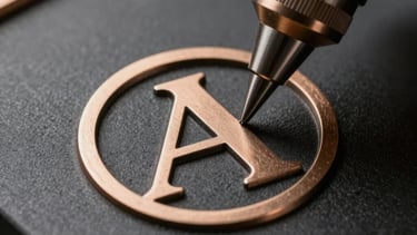 A macro shot of a metallic logo being engraved onto a premium surface, bronze and black palette, sharp focus, luxury industrial feel.