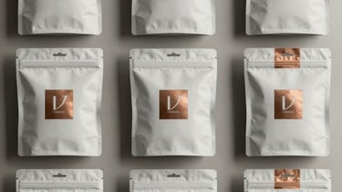 Clean photography of multiple premium product packages with bronze logo accents, arranged in a grid, neutral background, sophisticated lighting.