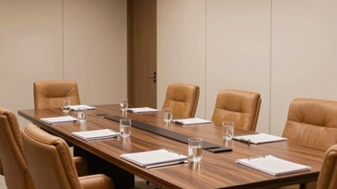 Photography of a modern and sophisticated executive meeting room in Porto Alegre, South American / Brazilian style. The interior features warm tan leather chairs, dark brown wooden tables, and cream walls. Natural soft lighting creates a professional and credible atmosphere for a leading agricultural association.