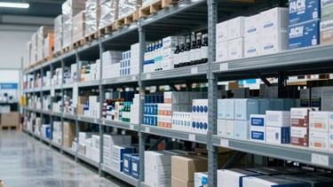 A professional and clean photography of a modern South American / Brazilian wholesale distribution center warehouse. The image shows tall, organized metal shelving units filled with various boxed general merchandise, under bright, clinical LED lighting. The floor is polished concrete, reflecting the efficient and trustworthy atmosphere. Palette of navy blue and light grey-blue tones dominates the scene.