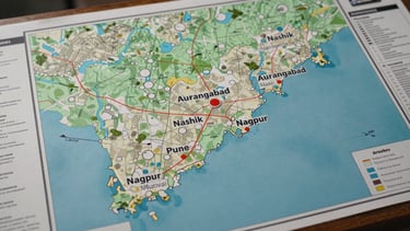 Panoramic overhead map view of Maharashtra state with five city markers highlighted — Pune, Nashik, Aurangabad, Nagpur, and Navi Mumbai — laid on a campaign planning table with printed route sheets visible at edges