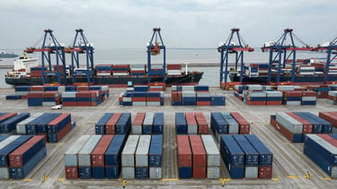 Wide panoramic overhead view of a major international port at overcast daylight, dozens of stacked shipping containers in navy blue and silver arranged in precise grid formation, two container ships moored at the dock with cranes in operation, industrial scale visible across the full frame, no sky visible, documentary framing from directly above