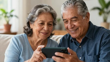 A close-up photograph of an elderly Latinoamericano couple in a bright, sunlit living room. They are looking at a smartphone together, smiling with expressions of relief and trust. The atmosphere is warm and secure. The woman wears a soft light blue sweater, and the man wears a dark blue shirt. Soft focus background with house plants and warm sunlight.