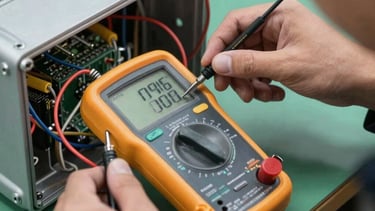 Precision multimeter tools testing electronic wiring inside a cooling compressor panel, professional technicians hand.