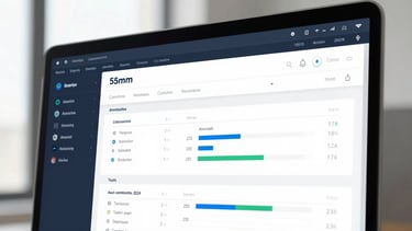 A close-up of a digital analytics dashboard on a modern desktop screen, high contrast cool office tones, sharp focus, 35mm