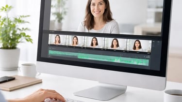 a woman is sitting at a computer screen with a video editorial software used for face swapping