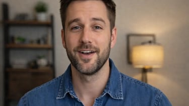 Smiling man with a beard wearing a denim shirt in a professional home office setting.