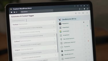 A sharp close-up of a custom WordPress block editor interface showing automated AI content tagging fields and clean metadata panels, cool-toned studio lighting.