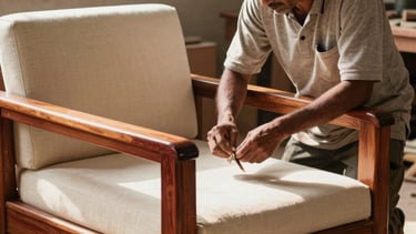 A skilled South Asian craftsman in a sunlit Siliguri workshop, meticulously repairing a premium wooden sofa frame. The scene features deep reddish-brown wood and cream fabric accents, highlighting traditional craftsmanship and professional quality in a warm, inviting setting.