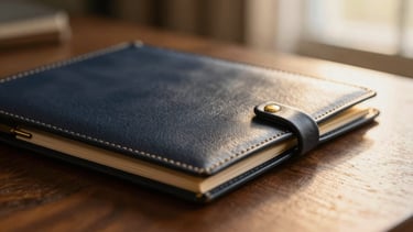 Close-up of refined stationery and leather folder on a dark oak desk, warm golden sunlight, shallow depth of field, 35mm