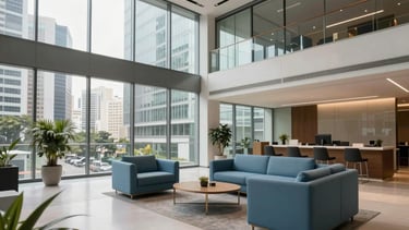 A clean, high-end corporate office lobby in São Paulo, Brazil, featuring modern glass architecture, minimalist furniture in sky blue and muted blue tones, and a professional, welcoming atmosphere under soft, natural morning light.