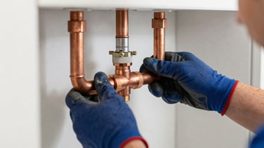 A close-up photograph of professional plumbing work in a North American / US - Florida home, showing high-quality copper piping and clean installations against a bright background, with a modern and reliable feel using orange and deep blue color accents.