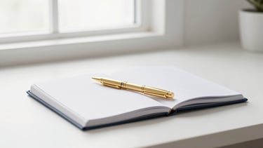 Bright minimalist workspace with a gold pen resting on a clean notebook, soft natural light, editorial 35mm photography