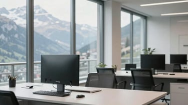 Interior shot of a modern professional office space in Valais, Switzerland, with large glass windows showing a hint of the Alps. The foreground features a perfectly clean and organized workspace with a minimalist desk. The lighting is bright and natural, reflecting professional quality and meticulous attention to detail. Palette colors include light gray and off white.