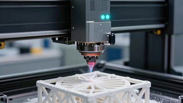 A detailed macro photograph of a professional industrial 3D printer in a bright, modern North American manufacturing facility. A precision laser prints a complex lattice structure from white powder. The background features high-tech equipment in dark gray and charcoal tones, with soft cyan glowing indicators. Professional and technical atmosphere.