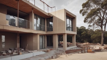 Construction site showing framing stage of a double-storey house in Sydney.