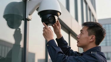 High-end photography of a professional security technician in a dark navy blue uniform carefully installing a modern black dome CCTV camera on the exterior of a sleek, glass-fronted North American corporate building. Soft afternoon sunlight highlights the metallic texture of the camera. Premium, clean composition.