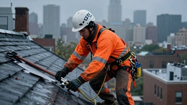 A high-action photograph of a professional roofing contractor wearing a safety harness and orange high-visibility gear, repairing a residential roof in New York City during a stormy evening. The lighting is cinematic, highlighting the roofer's focus and the urgency of the repair, with the Manhattan skyline faintly visible in the misty background. North American / US.