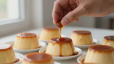 Close-up shot of hands delicately drizzling caramel over a mini Brazilian flan (pudim) with precision, showcasing the glossy texture, soft side window light, rich caramel and cream tones, macro depth of field, elegant and clean background.