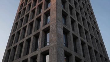 Extremely wide-angle architectural shot of a minimalist concrete skyscraper facade at twilight, deep shadows, low-key natural light.
