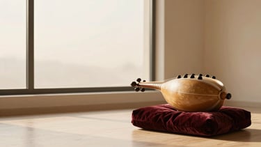Wide panoramic shot of a beautifully crafted tanpura, resting on a velvet cushion, bathed in warm golden-hour light from a large window, expansive negative space, clean background, elegant editorial photography, 85mm lens.