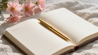 A close-up aesthetic shot of a modern planner, a sleek gold pen, and delicate pink flowers sitting on a soft linen bedsheet, captured in warm morning light, North American / US home style.