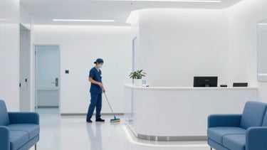 A professional architectural photograph of a sanitized, high-end medical reception in New York. The composition shows polished floors reflecting bright, clean LED lighting, minimalist blue furniture, and white walls that suggest clinical purity. In the soft-focus background, a cleaning professional in a professional healthcare uniform is working carefully. The overall mood is modern, sterile, and trustworthy.