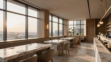 Wide-angle architectural perspective of an elegant, modern restaurant interior during golden hour. Warm natural light streams through floor-to-ceiling windows, highlighting clean marble counters, structured wooden partitions, and minimalist brass fixtures. Muted earth tones, high-end institutional editorial style.