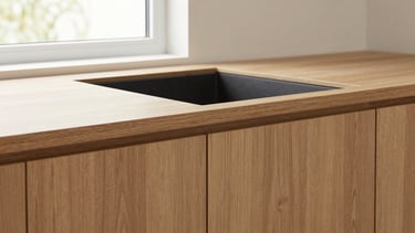 Tight detail crop of warm oak custom cabinet joinery, bright natural daylight, clean lines, high-contrast architectural photography, 35mm lens