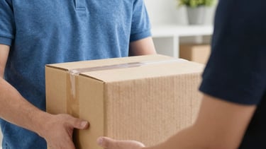 Courier handing over a small parcel to a smiling customer at a doorstep
