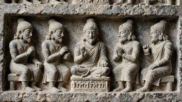 Archival photo of stone carvings depicting ancient Indian scholars, low-contrast historical lighting, 35mm