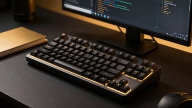 Close-up of a sleek, minimalist desk setup with a mechanical keyboard, premium monitor displaying code, and a golden-accented notebook, all under dramatic studio lighting with golden rim-lights, macro lens, ultra-sharp 8k.