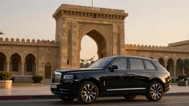A premium black luxury SUV parked near a historic Cairo palace entrance during golden hour, soft ambient warm lighting, cinematic wide-angle