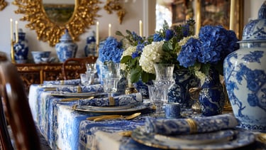a table setting with blue and white plates and blue and white plates