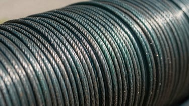 Close-up of heavy-gauge steel wire tensioned on a fence post, metallic textures, harsh direct sunlight, sharp focus, deep green and charcoal tones.