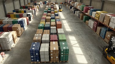 Panoramic 21:9 wide overhead documentary photograph of a Middle East and North Africa regional logistics operation — a vast warehouse floor with colour-coded shipping pallets arranged by destination zone, forklift tracks visible on concrete, natural skylight illumination from above, no people, subject placed left-of-center with open negative space to the right showing storage depth