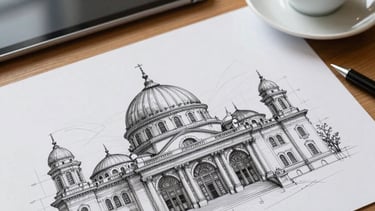 Detailed architectural drawing on a wooden desk next to a digital tablet and a cup of Turkish coffee. Professional and focused atmosphere.