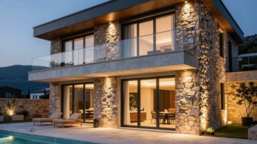 The exterior of a modern luxury villa in Bodrum at dusk. Strategic outdoor lighting highlights the stone walls and sleek pool deck.