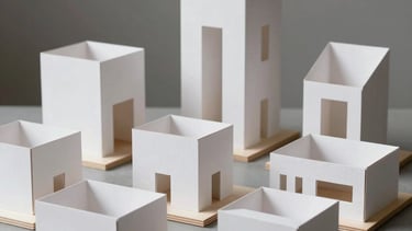 A collection of architectural scale models made of white cardboard and light wood on a gray studio table. Soft studio lighting.