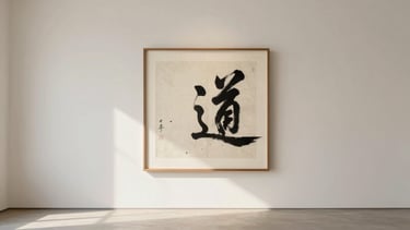 Wide quiet environmental composition of a single calligraphic artwork framed on an empty sunlit gallery wall, soft natural side-light highlighting paper texture, warm ivory tones, 35mm fine art photography