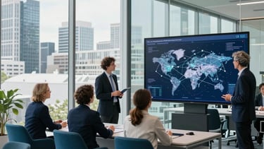 A high-end professional wide shot of Australian and European researchers in professional attire collaborating in a bright, modern glass-walled office with a view of a clean architectural skyline. They are looking at a large digital screen showing complex global research networks. The lighting is crisp and natural, emphasizing a sophisticated atmosphere with deep blue and teal accents in the modern furniture.