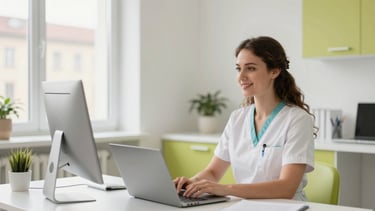 A professional and warm lifestyle photograph of a tele-dentistry consultant working in a bright, modern office in a Central European / German city. The room has soft lighting and clean minimalist furniture with pale lime green accents. The overall atmosphere is positive, trustworthy, and innovative, avoiding a clinical look in favor of a fresh HealthTech aesthetic.