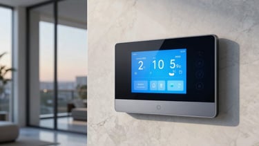 Wide-angle photograph of a sophisticated smart home control interface integrated into a sleek, marble-textured wall of a modern Middle Eastern / Gulf villa. Soft evening light filters through floor-to-ceiling windows, highlighting clean lines and high-end technological fixtures in a professional setting. The color palette features deep blues, slate blues, and crisp off-whites.