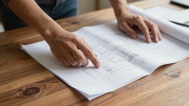 Close-up of hands planning on a wooden table with blueprints and notes visible, warm diffused daylight, authentic documentary style.