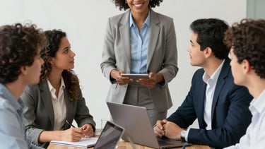 Equipe corporativa participando de uma reunião colaborativa e dinâmica, profissionais discutindo ide
