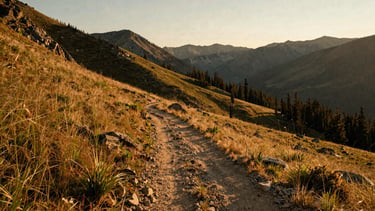 Wide environmental landscape of rugged Idaho mountains at golden hour, a single dusty trail winding through alpine meadows, deep depth of field.