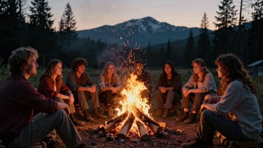 Unposed group of people gathered around a real campfire at twilight, sparks rising into the dark Idaho sky, warm firelight illuminating relaxed faces.