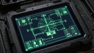 Overhead technical layout of a server architecture schematic displayed on a rugged field tablet, sharp radar green wireframes against deep charcoal, moody industrial lighting, high-contrast screen glow, 35mm film look.